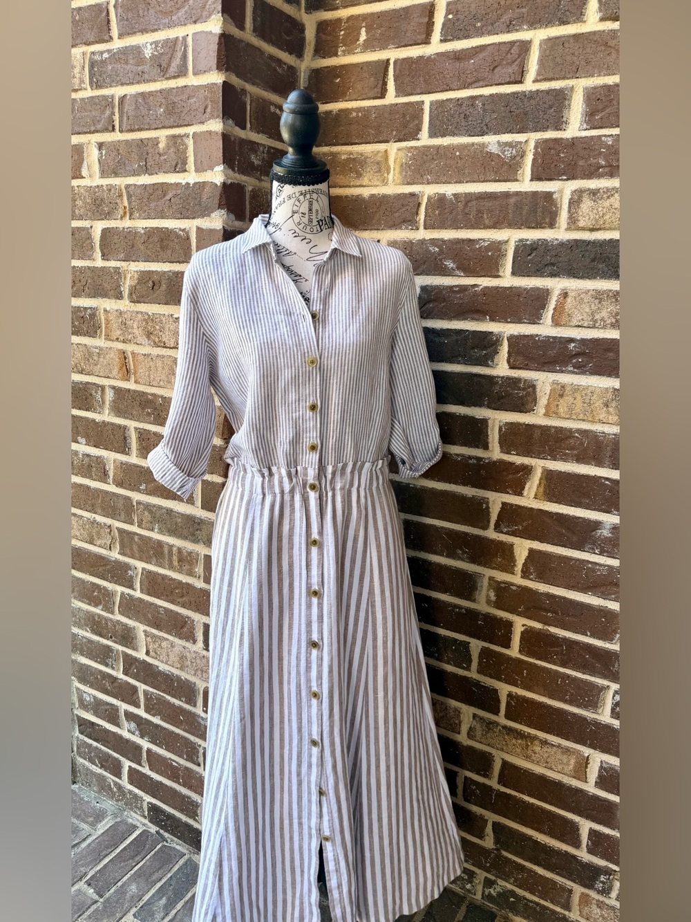J.Jill Shirt Dress 100% Linen Collared Relaxed-Silhouette Neutral Midi Dress SzS